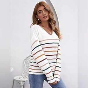 SHEIN Sweater Stripped V Neck Cream White size Medium